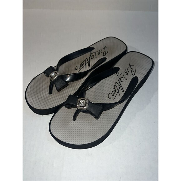 Brighton Bowie Sz 10 Black‎ Silver Rhinestone Bow Thong Wedge Flip Flop Shoes - Picture 1 of 9